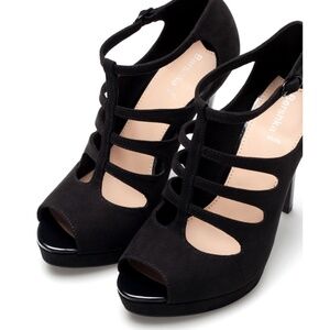Bershka Suede Platform Heels Size 37 | Black Strappy Peep Toe 4.5”